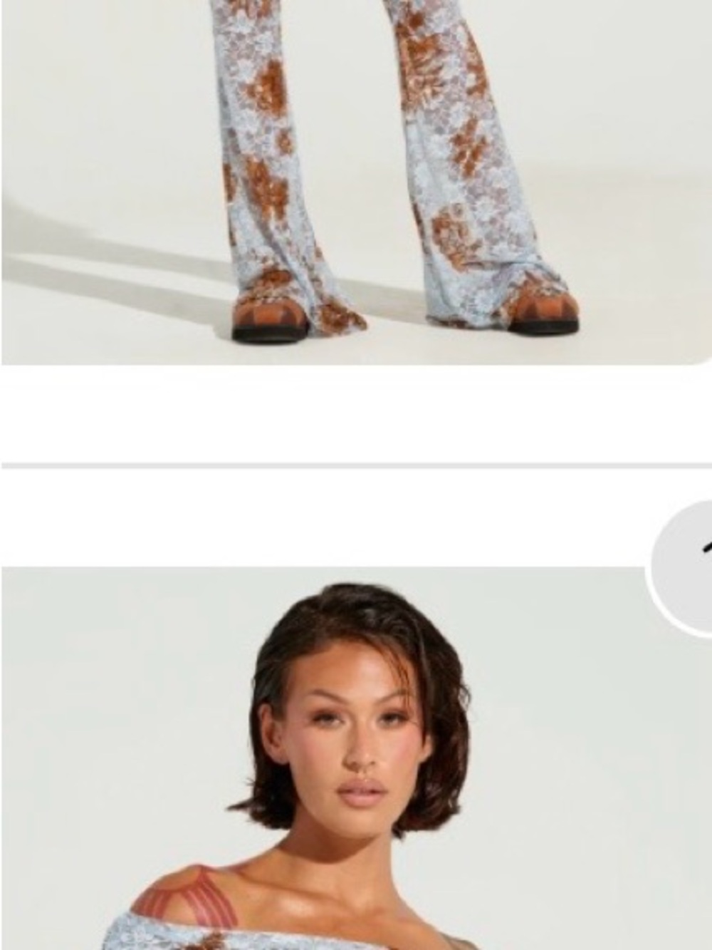 AKIRA Light Blue Floral Boot-Cut Pants with Brown Pattern